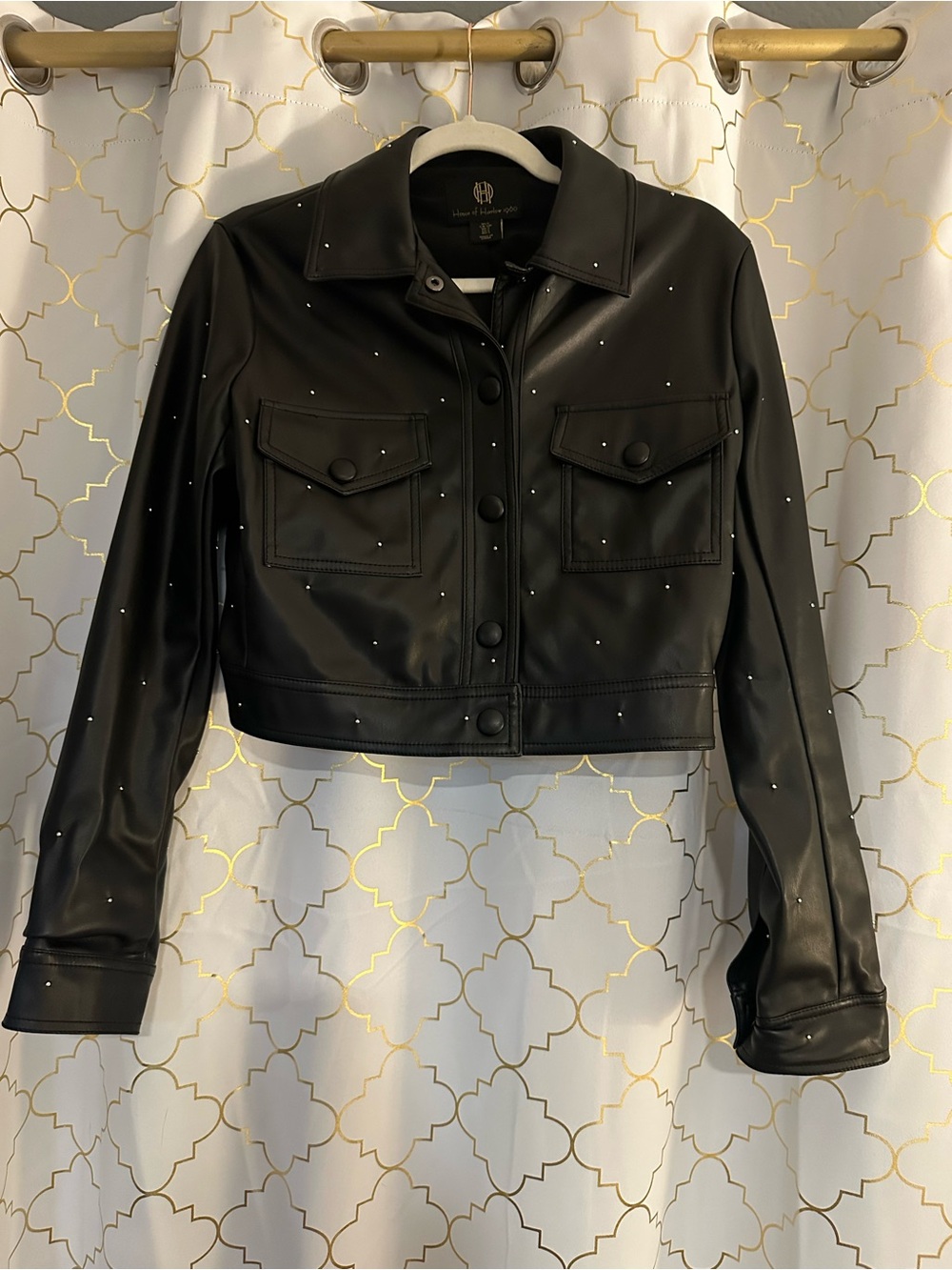 House of Harlow 1960 Black Studded Faux Leather Crop Jacket